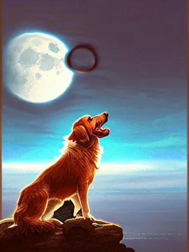 Prompt: a dog howling at the moon, the ocean in the backgound. intricate, elegant, highly detailed, digital painting, artstation, concept art, sharp focus, illustration, by justin gerard and artgerm, 8 k