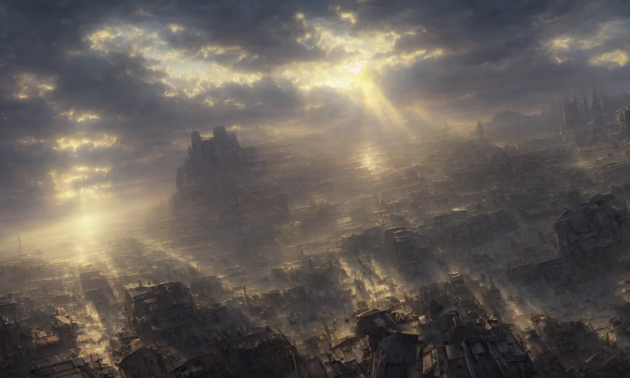 Prompt: A landscape with a dystopian city, sunshine , people are talking in the foreground, bottom view, volumetric lighting, ray lighting from top of frame, crepuscular ray lighting from above, dynamic lighting, muted colors, by Greg rutkowski, thomas kinkade, Andreas rocha, john howe, pixar, f16, hd, 8k