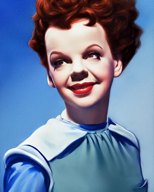 Prompt: judy garland as dorothy in wizard of oz, perfect face, blue dress over white shirt, cinematic, stunning, highly detailed, digital painting, artstation, smooth, hard focus, illustration, art by jessica rossier and and brian froud