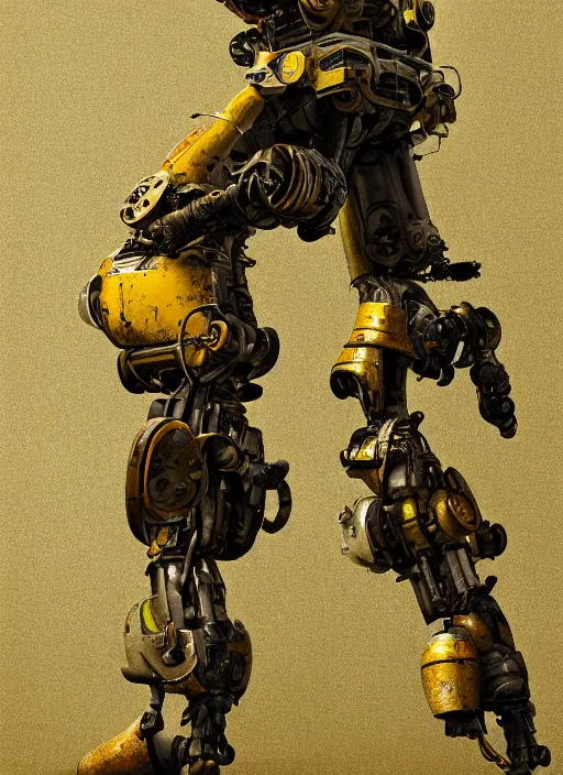 Image similar to a photorealistic dramatic hyperrealistic render of a futuristic exosuit power loader heavy machinery, ultra realistic details, glossy yellow, well worn, rust, oil stains by vitaly bulgarov and mike nash, beautiful dramatic dark moody tones and lighting, cinematic atmosphere, studio lighting, global illumination, shadows, dark background, octane render, 8 k