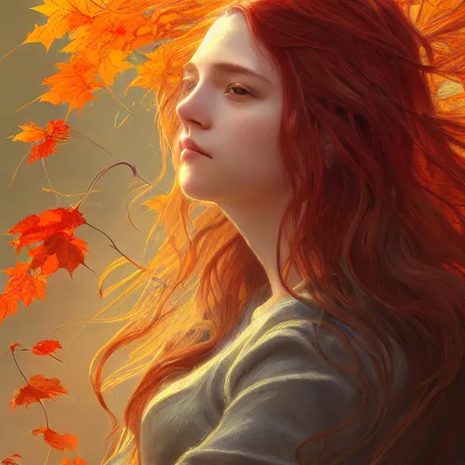 Image similar to girl with super long hair, hair becoming autumn red leaves, intricate, highly detailed, digital painting, artstation, concept art, smooth, sharp focus, illustration, unreal engine 5, 8 k, art by artgerm and greg rutkowski and alphonse mucha