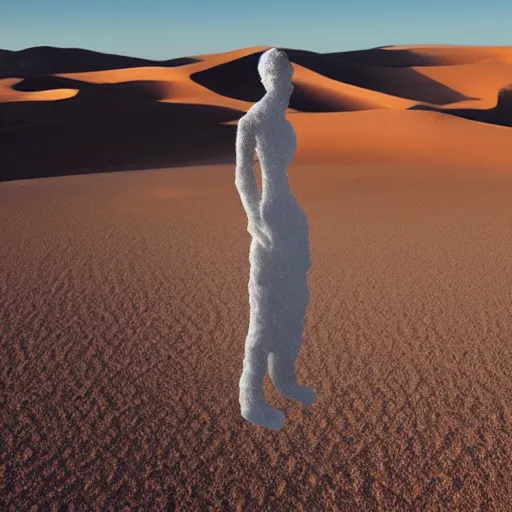 Image similar to a woman made of salt, standing in the desert