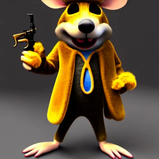 Prompt: 3d anthropomorphic rat, disney pixar, holding tommy gun, velvet, fur coat, high quality, golden necklace, fendi, high fashion