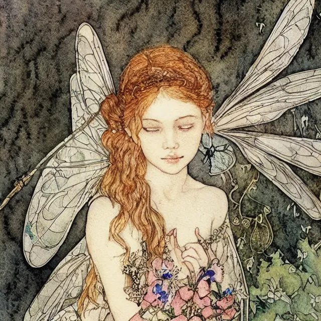 Image similar to a detailed, intricate watercolor and ink portrait illustration with fine lines of young 1 4 year old scarlett johannson as a happy winged fairy with dragonfly wings wearing a peasant dress, by arthur rackham and edmund dulac and lisbeth zwerger