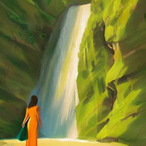 Image similar to a woman stands in front of a waterfall, green and orange color scheme, morning, artstation,
