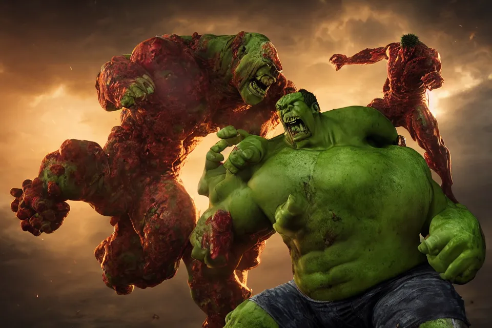 Image similar to The Biomechanical Hulk Buster Battles The Zombie Hulk, Art Germ Style, photorealistic, volumetric lighting, hyperrealistic, octane render, HDR, photorealistic, bokeh