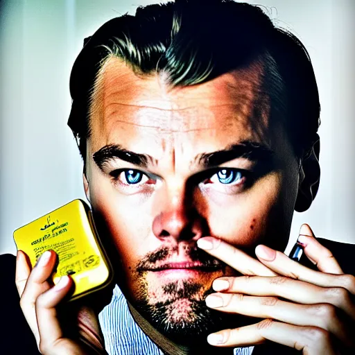 Image similar to detailed studio portrait of leoanrdo dicaprio holding tiny jar of tincture. watching at camera. studio light, polished look, solid background, ad, fashion photography, by pierpaolo ferrari and maurizio cattelan, 3 5 mm photograph, david lachapelle, canon eos c 3 0 0, 8 k