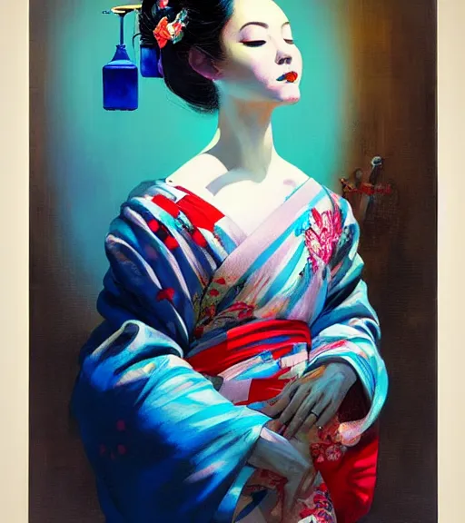 Image similar to delightful geisha, sleepwalk by bartholomew beal, alfio presotto, rhads, salustiano garcia cruz, lita cabellut, contemporary art, mixed media, whimsical art, detailed,