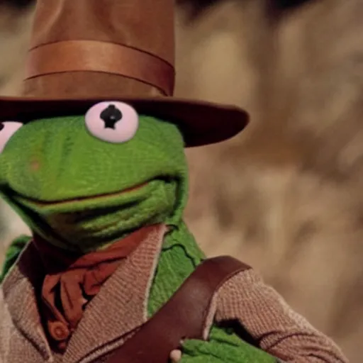 Prompt: still of kermit the frog in indiana jones