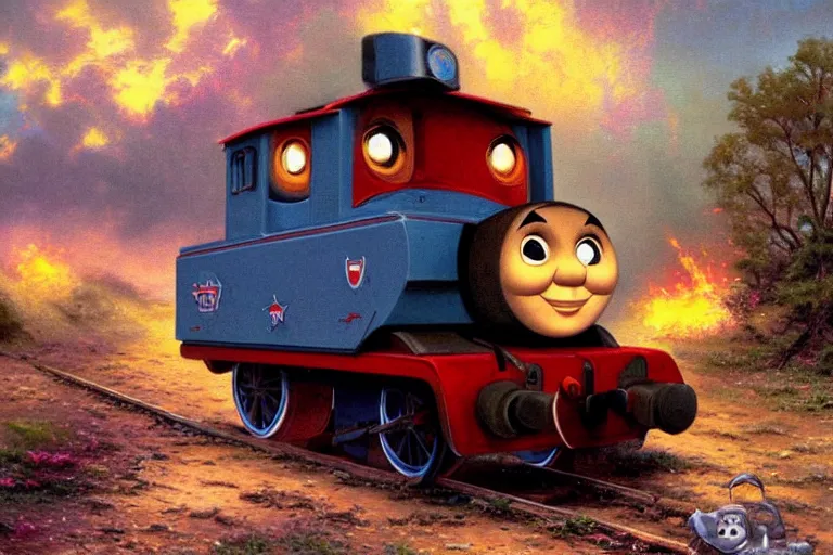 Prompt: thomas kinkade painting of thomas the tank engine in desert storm 1 9 9 0