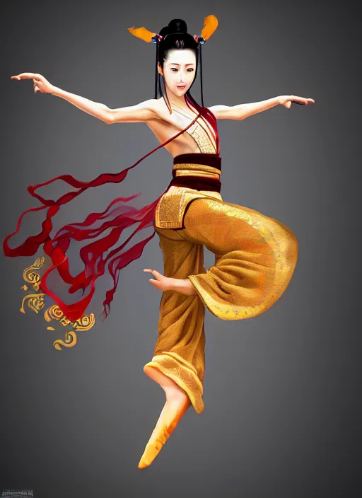 Prompt: a barefoot female dancer using a silk belt as weapon, wuxia, xianxia, barefoot, tanned skin, athletic, vivacious, absurdly beautiful, hanfu, fully clothed, chinese ribbon dance, silk belt, scorpion whip, detailed, realistic, anatomically accurate, in the style of wlop on artstation, wang liang.