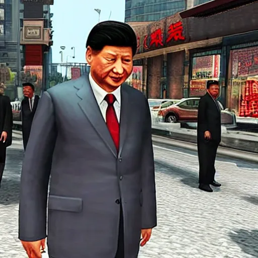 Image similar to xi jinping as a mafia boss in shanghai, grand theft auto style