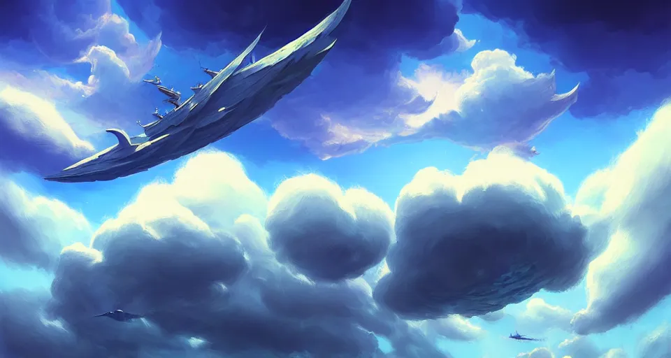 Image similar to a large wooden fantasy ship flying through the clouds with blue sky, andreas rocha style