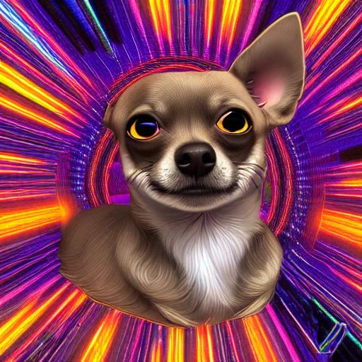 Image similar to a chihuahua with a third eye living in an extradimensional reality, in the style of wlop and alex grey, illustration, epic, fantasy, hyper detailed, smooth, unreal engine, sharp focus, ray tracing, physically based rendering