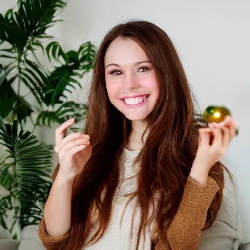 Image similar to a cute young woman smiling, long shiny bronze brown hair, full round face, green eyes, medium skin tone, light cute freckles, smiling softly, wearing casual clothing, relaxing on a modern couch, interior lighting, cozy living room background, medium shot, mid-shot, soft focus