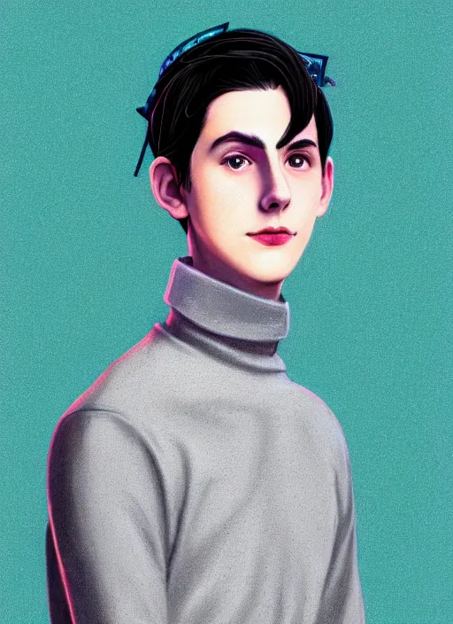 Image similar to portrait of teenage jughead jones wearing a light grey crown, crown, blue turtleneck, 1 9 5 0 s, closed eyes, photorealistic, black hair, glowing lighting, intricate, elegant, glowing lights, highly detailed, digital painting, artstation, concept art, smooth, sharp focus, illustration, art by wlop, mars ravelo and greg rutkowski