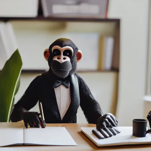 Image similar to a monkey in a suit sitting at a desk