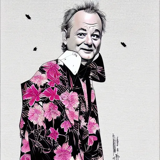 Image similar to bill murray, wearing kimono, by artgerm, cherry blossom falling, nagel