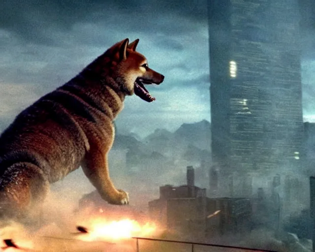 Prompt: godzilla as a shiba inu in a Godzilla: King of the Monsters still film directed by Christopher Nolan, shooting beams and toppling over cities, epic action scene