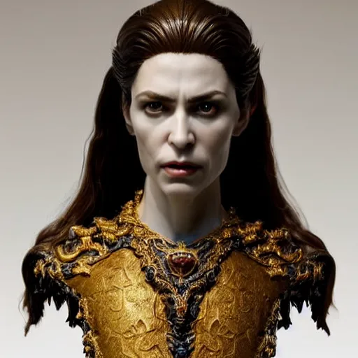 Image similar to photo taken of an epic intricate, ultra detailed, super realistic bust of a majestic gracious regal aristocratic brunette female vampire created by weta workshop, menacing, some zoomed in shots, photorealistic, sharp focus, white wall, extremely cold blueish colour temperature, 3 5 mm, f 1. 4, golden ratio