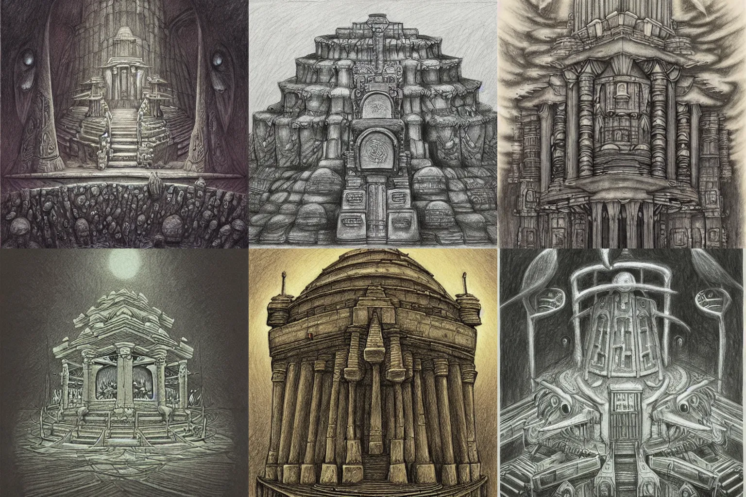 Prompt: The temple of the lost monsters, detailed drawing by shaun Tan