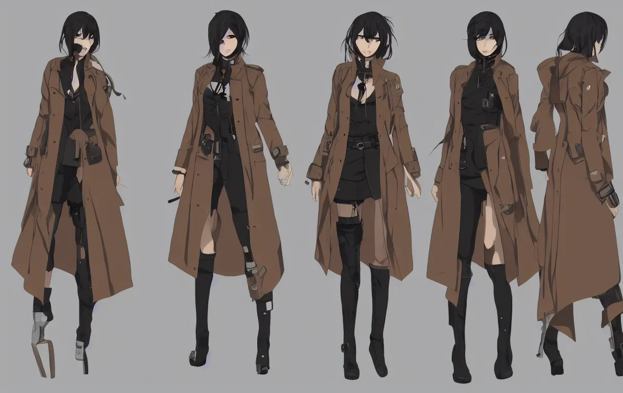 Prompt: a series of character outfit concepts for a beautiful female anime cyberpunk police special detective wearing a very long and heavy beige trench coat, boots, long pants; each design is centred and arranged in a straight line; clear character silhouette, high clarity outfit design; perfect anatomy; layered clothing, techwear; trending on artstation; clear shapes, clean edges, full body