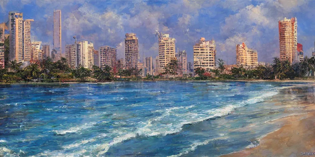 Image similar to colombo sri lanka cityscape, ocean, colombo world trade centre, art by Daniel F. Gerhartz
