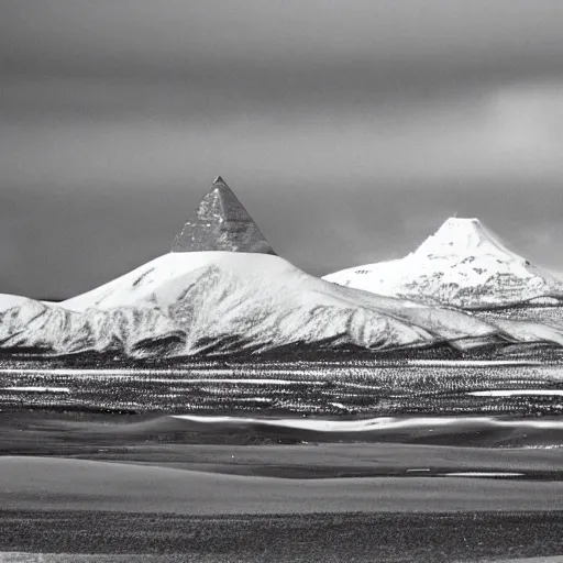 Image similar to a artic desert with snow capped mountains and a floating obelisk. overcast sky, grainy, snowing.