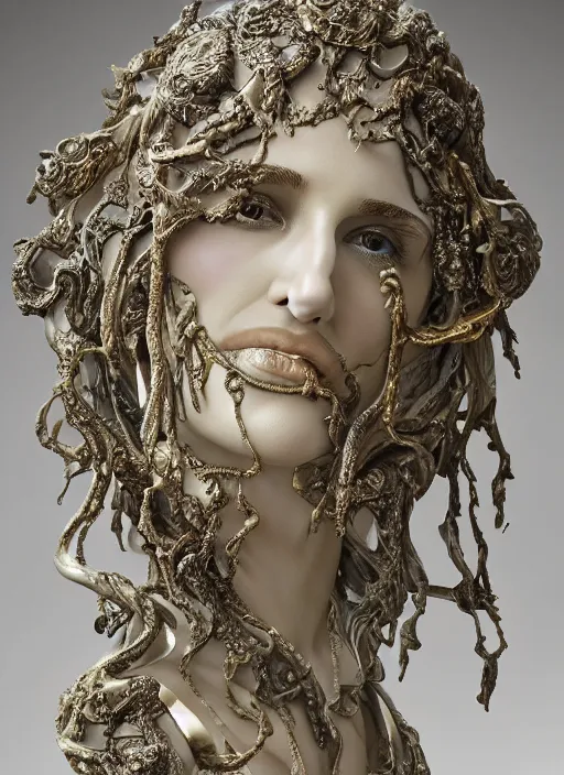 Image similar to beautiful romantic marble sculpture of natalie portman, oil slick, palladium veins, dripping, mandelbulb, hypercube, ivory carving, fractal paisley inlay, lace, intricate, elegant, highly detailed, gold inlay, metallic, ivory, artgerm, lace, by ruan jia, greg rutkowski, mucha, wlop, gil elvgren, nick alm