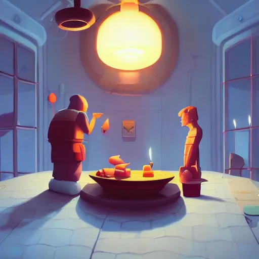 Image similar to cute kitchen dim lit by a candle ripped physique simon stalenhag gerald brom bastien grivet greg rutkowski portrait