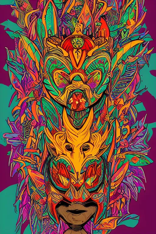 Image similar to animal mask totem roots flower tribal feather gemstone plant wood rock shaman vodoo video game vector cutout illustration vivid multicolor borderlands comics by josan gonzales and dan mumford radiating a glowing aura