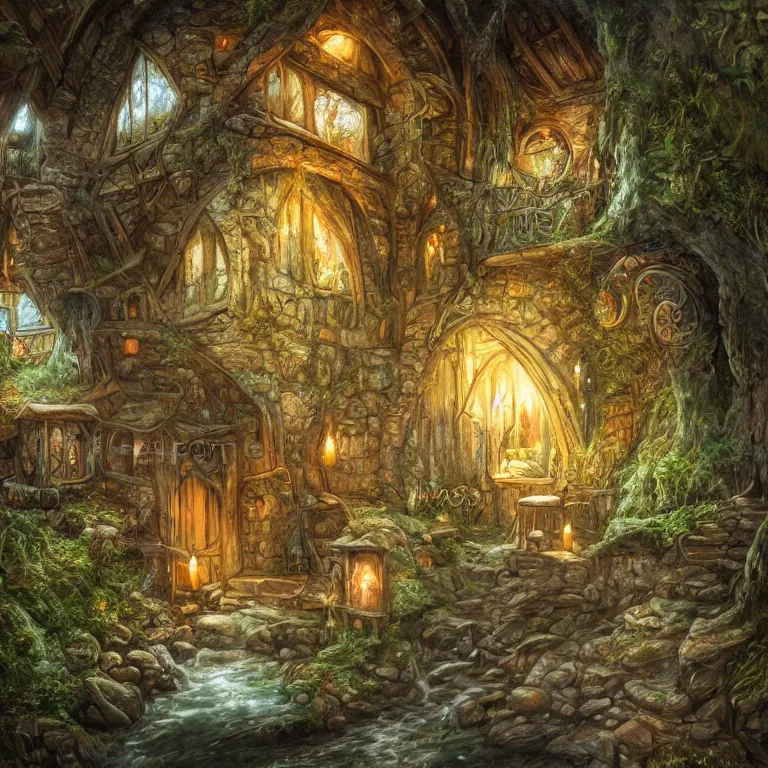 Image similar to inside a medieval hobbit home, ornate, beautiful, mist, smoke, chimney, rain, waterfall, melting, snow, creek, lush, ice, bridge, forest, flowers, concept art illustration, color page, 4 k, tone mapping, magic realism, josephine wall, huang guangjian, viktoria gavrilenko, amanda sage, trending on artstation