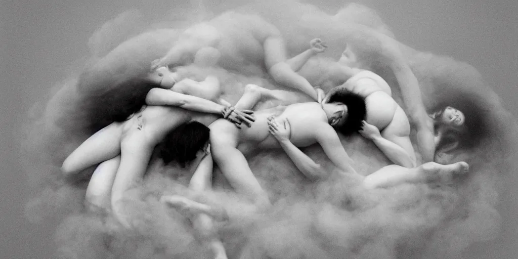 Image similar to flying fat hairy human bodies intertwined in an uneven fog in the style of nobuyoshi araki and klimt