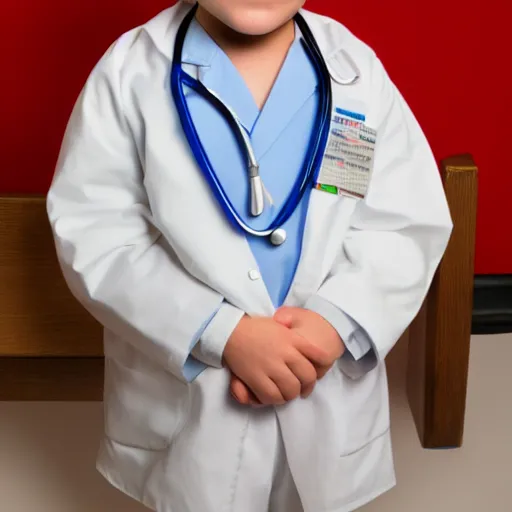 Image similar to full body photo of a little kid as a doctor, realistic, very detailed face