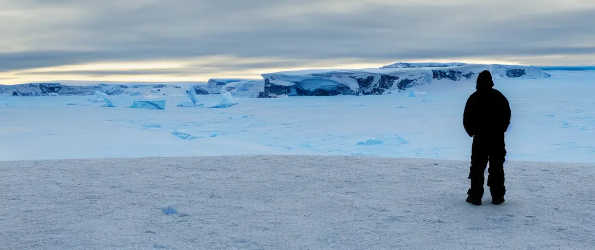 Prompt: a high quality color extreme closeup depth of field creepy hd 4 k film 3 5 mm photograph of the faint barely visible silhouette of a bulky man standing on the edge of a vista overlooking mcmurdoch station in antarctica at the beginning of sunset