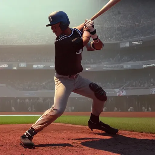 Image similar to baseball player hitting the ball with the baseball bat in the middle of the game and in front of everyone in the stadium, james gurney painting style, greg rutkowski, artstation, octane render, unreal engine 5