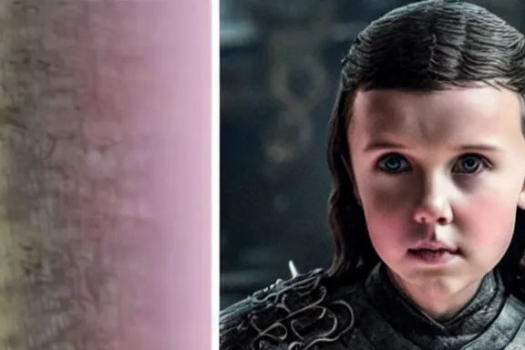 Prompt: “ very photorealistic photo of millie bobby brown in an episode of game of thrones, award - winning details ”