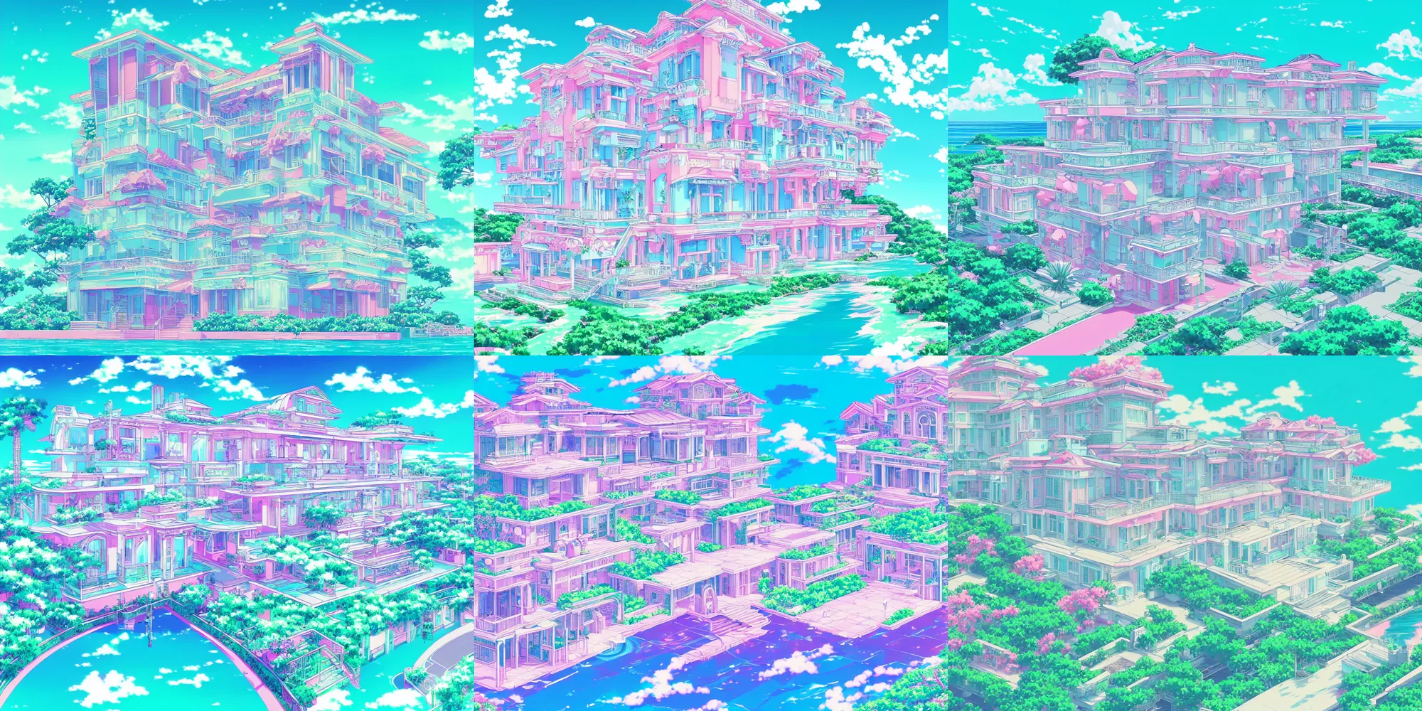 Prompt: a vaporwave style mansion with an ocean view in the background, beautiful, anime manga style, illustration, aesthetic, neon pastel, in the style of bryce kho