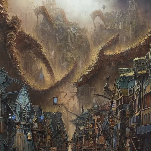 Image similar to an epic hyperdetailed 3 d matte painting of a wiccan shantytown in the victorian village surrounded by colossal biomorphic hallucinogenic demonic eldritch beings by peter mohrbacher by gerald brom by yoji shinkawa by richard michael gorman powers
