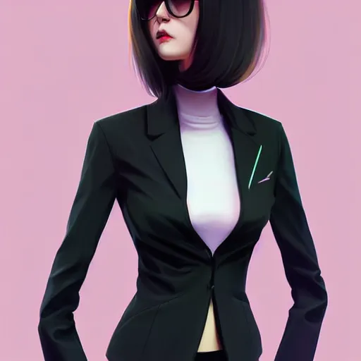 Image similar to young female in black jacket suit, muted colors, matte print, pastel colors, 2d, ultra highly detailed, smooth, sharp focus, digital art, digital painting, fan art, elegant, artstation, head is centered, by Ilya Kuvshinov