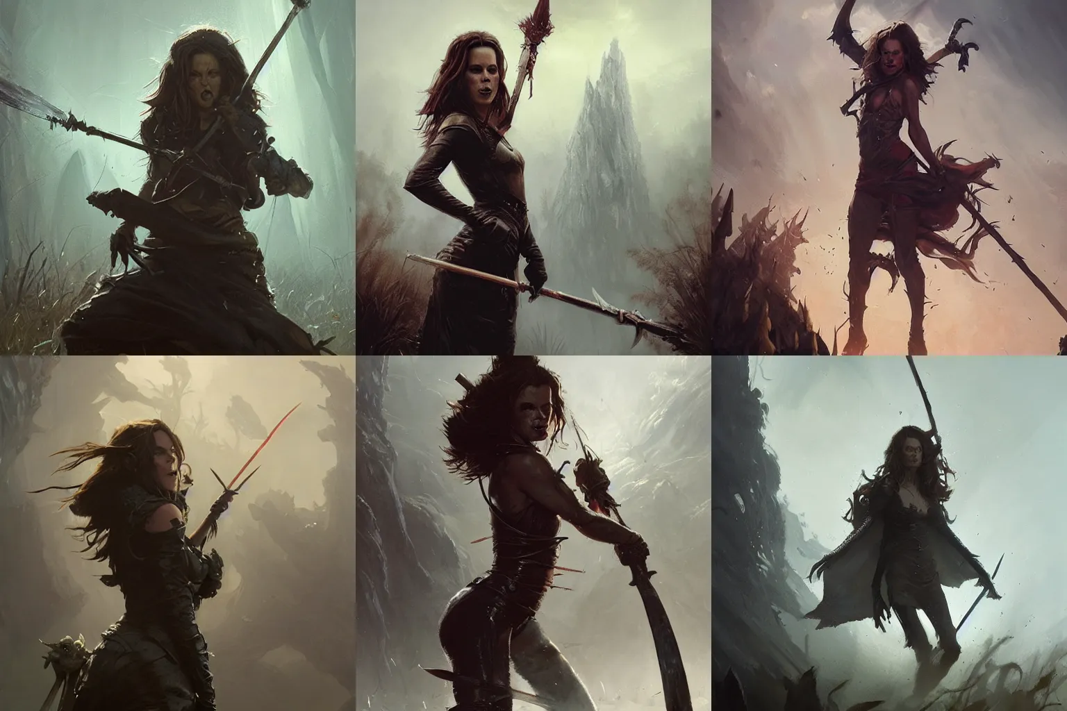Prompt: kate beckinsale impale nasty goblin with spear, field of slowers, oil painting, Tooth Wu, Greg Rutkowski, RPG portrait, dynamic lighting, fantasy art, High contrast, depth of field