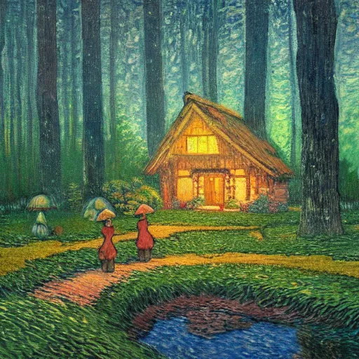 Prompt: mysterious detailed painting of a cozy woodland cottage in the woods at night, surrounded by giant glowing mushrooms, in the style of studio ghibli and moebius and claude monet and edward hopper and vincent van gogh