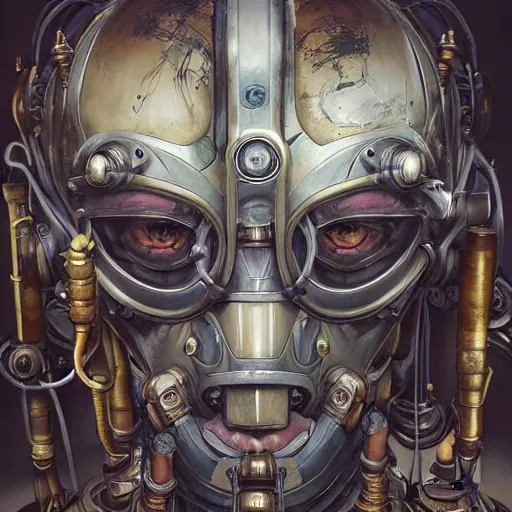 Image similar to portrait painting of a steampunk cyborg monk transhumanism, ultra realistic, concept art, studio ghibli, intricate details, eerie highly detailed
