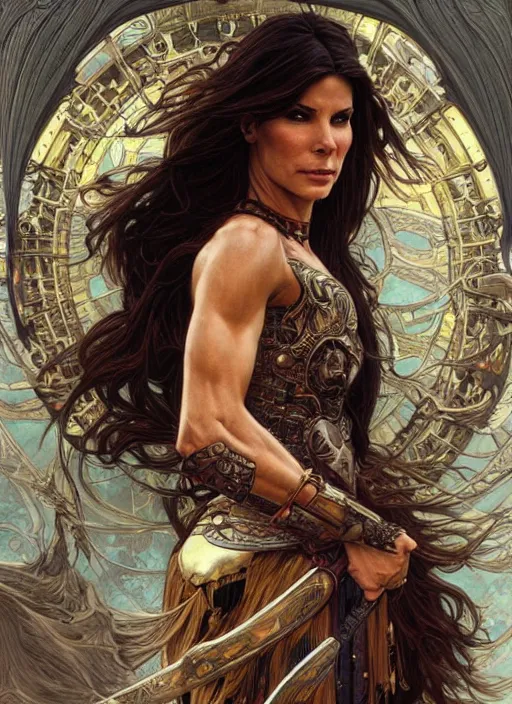 Image similar to Sandra Bullock as a beautiful warrior woman, fantasy, intricate, elegant, highly detailed, centered, digital painting, artstation, concept art, smooth, sharp focus, illustration, art by artgerm and donato giancola and alphonse mucha