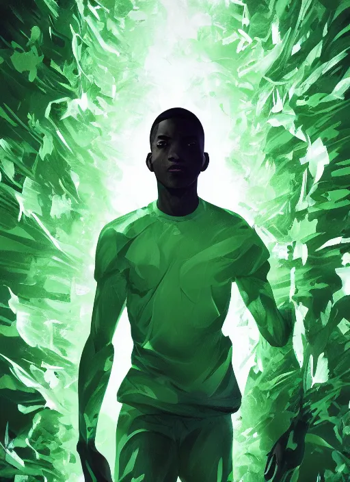 Prompt: detailed digital painting of young black man surrounded by floating green text and complex algorithms, cinematic dramatic pose by artstation, fanart behance hd by jesper ejsing, by rhads, makoto shinkai and lois van baarle, ilya kuvshinov, rossdraws, enter the matrix, global illumination, radiant light, detailed and intricate environment