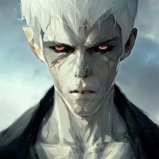 Prompt: boy with white hair holding skull, by makoto shinkai, greg rutkowski, artstation, high detailed, cgsociety,