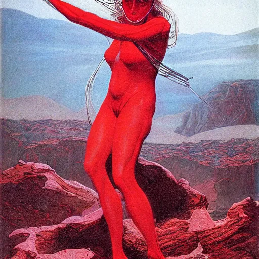 Image similar to red coated woman in an adventure, by wayne barlowe