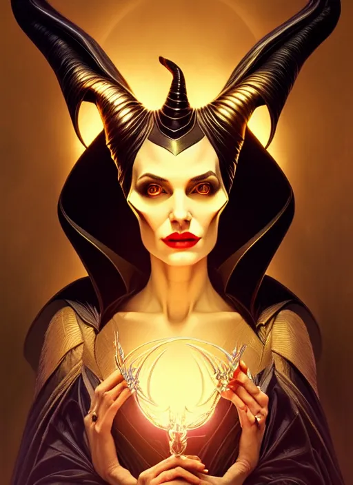 Image similar to symmetry portrait of maleficent, glowing lights, intricate, elegant, highly detailed, digital painting, artstation, concept art, smooth, sharp focus, illustration, art by artgerm and greg rutkowski and alphonse mucha