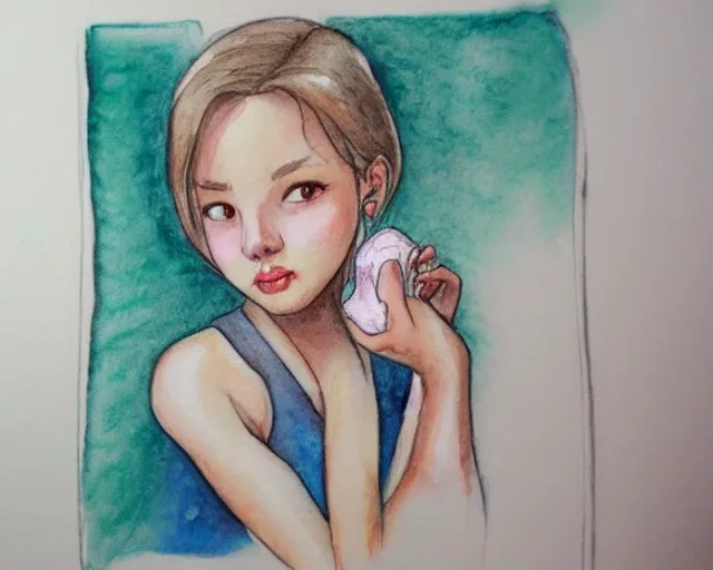 Image similar to a girl with the ice cream watercolor colored pencil painting trending on artstation