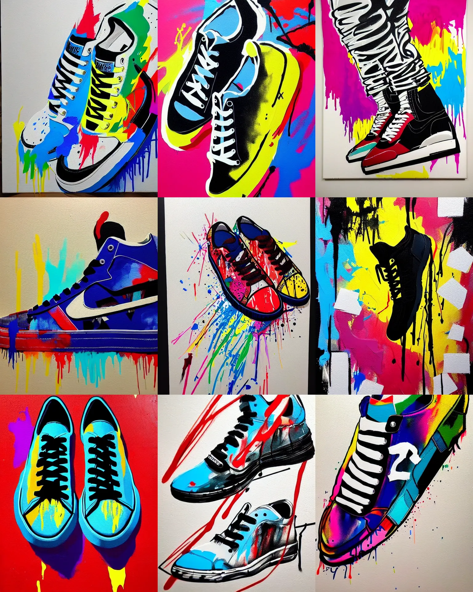 Prompt: sneakers, drip painting,, highly detailed, simple, no jagged lines, smooth, artstation, centered artwork by mr brainwash